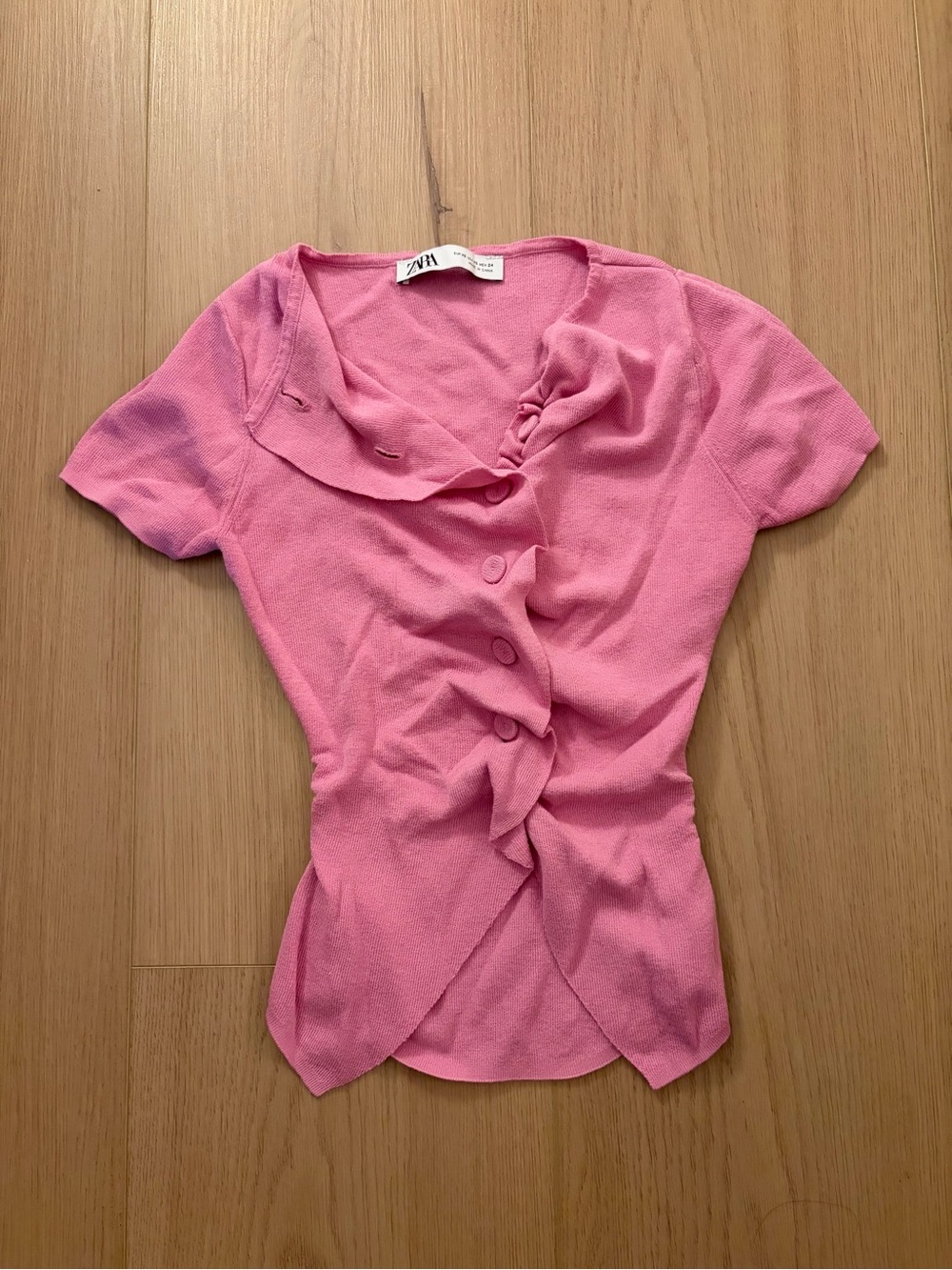 Pink Short Sleeve Ruffle Button Knit Top